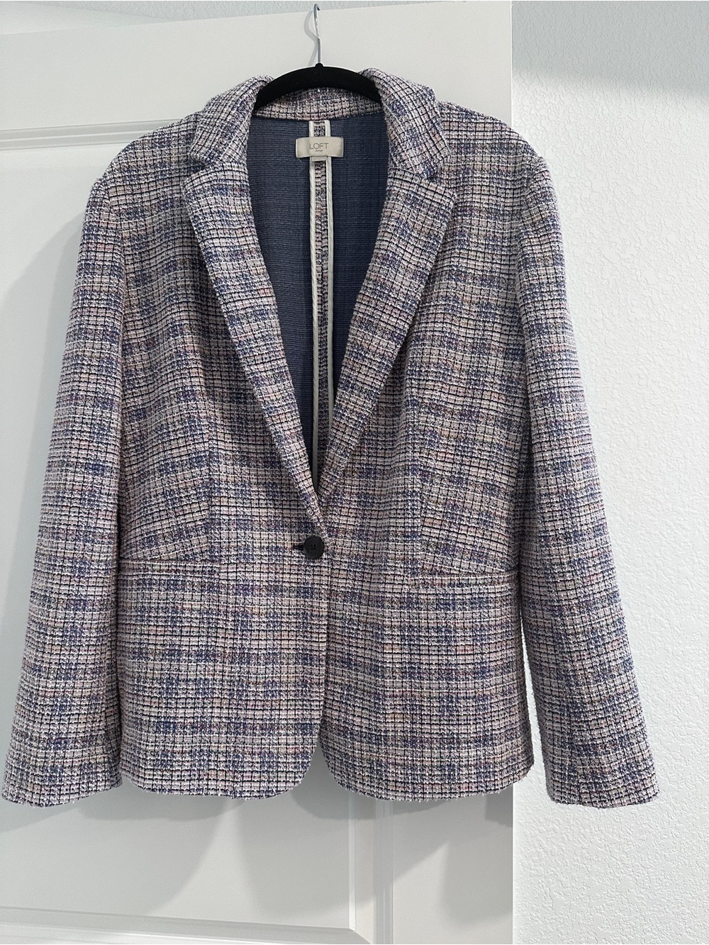 LOFT Outlet Pink Navy Tweed Plaid Blazer Unlined Size 12